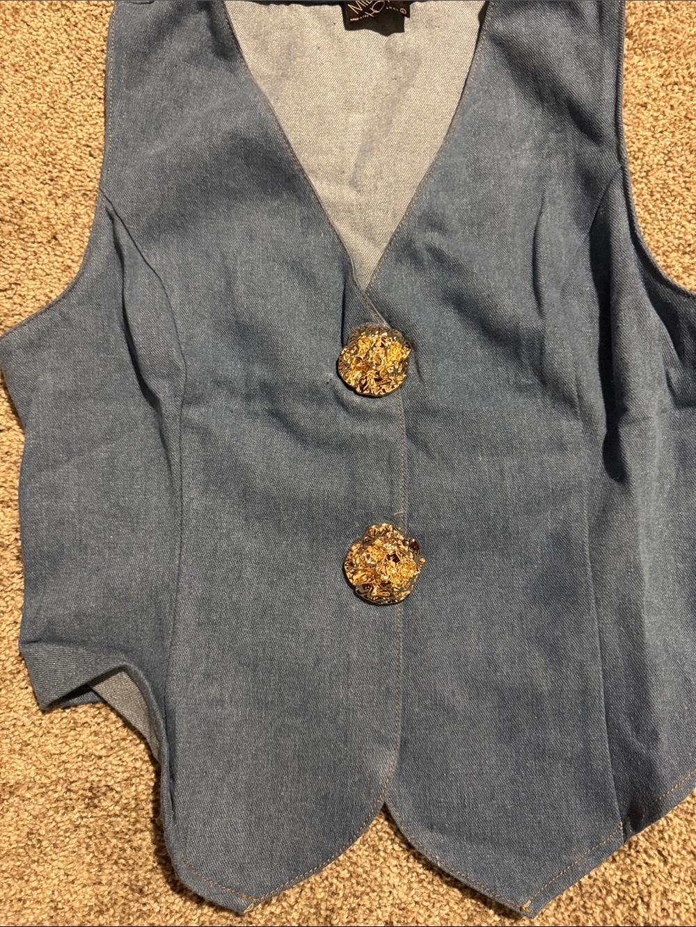 Blue Denim V-Neck Vest with Gold Floral Buttons - Picture 6 of 6